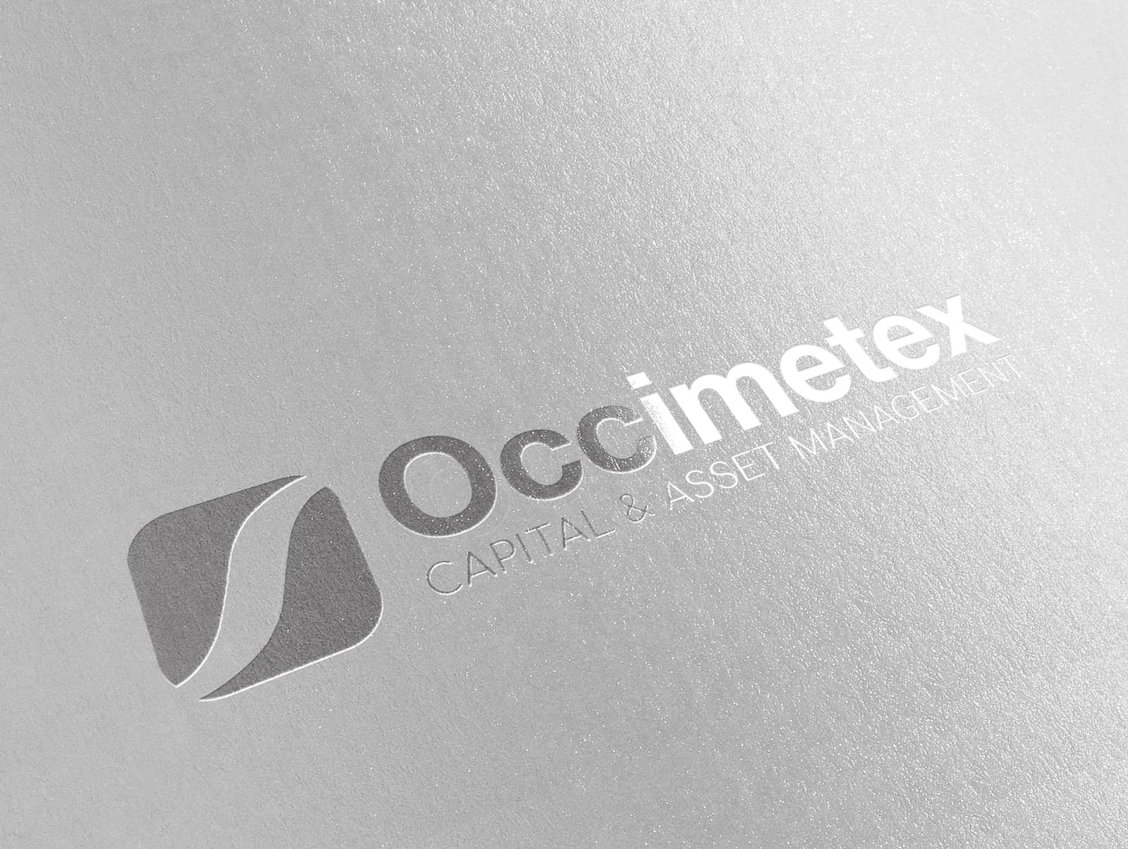 Logo plateado sobre papel blanco Occimetex branding por The Acctitude